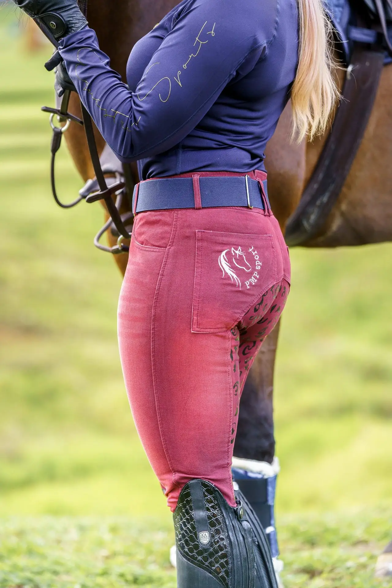 PMP Sport Breeches - Burgundy Stone Wash Denim with Silicone Seat